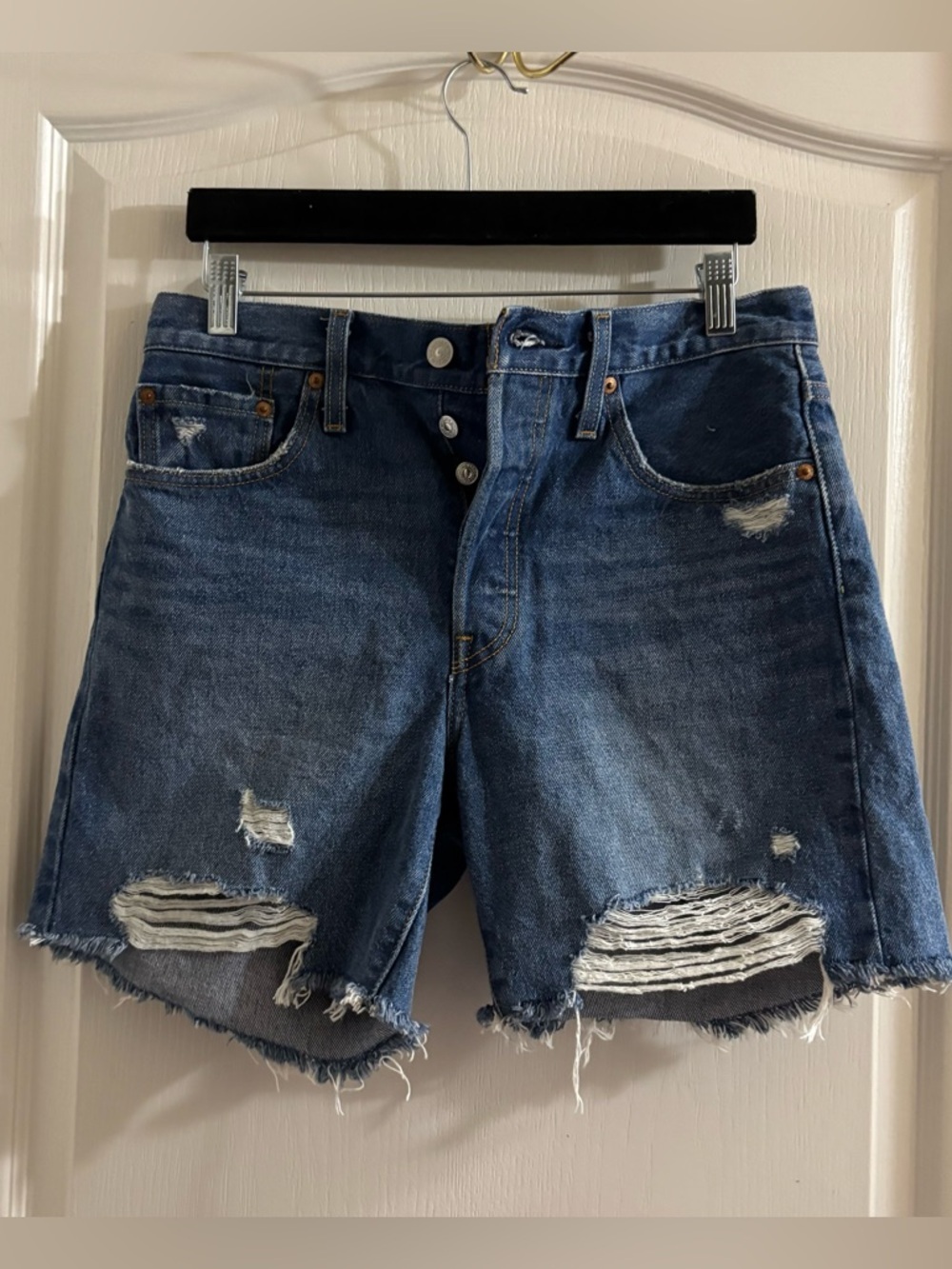 Levi's Distressed Dark Blue Denim Jean Shorts